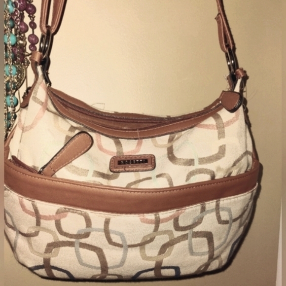 ROSSETTI  Liz Claiborne Beige Cream & Brown Shoulder Bag with Geometric Pattern - Picture 8 of 15